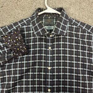 Thomas Dean Mens L Long Sleeve Button Up‎ Plaid Dress Shirt Brown Blue Flip Cuff